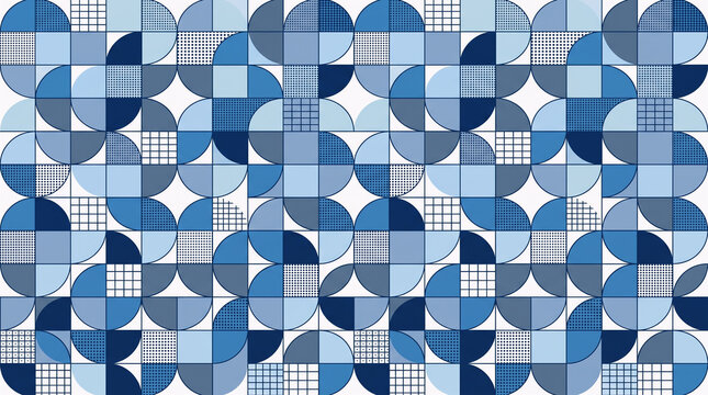 Geometric navy blue pattern vector background with abstract circles squares and half circles shape design