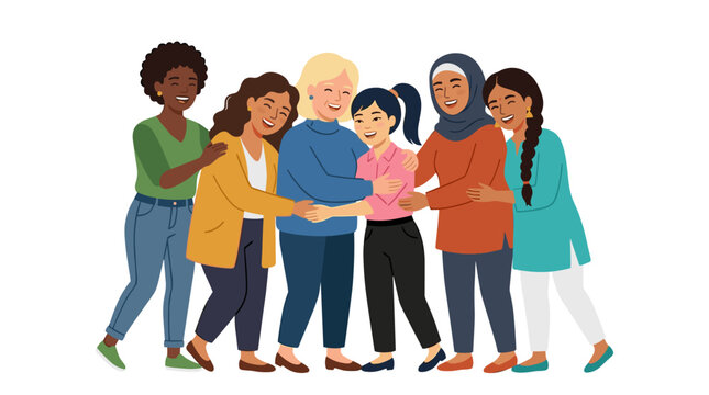 Diverse group of women embracing and smiling together celebrating unity and friendship
