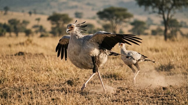 Secretary birds running in African savanna landscape during daytime