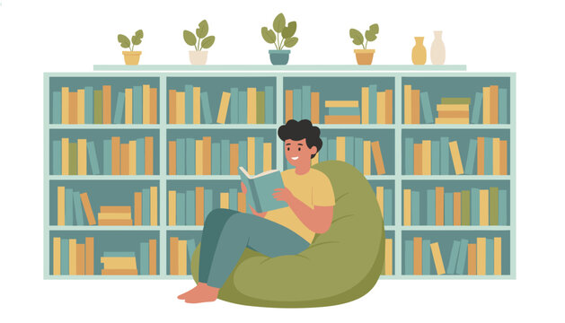 Young man reading book in cozy green beanbag chair in front of bookshelf representing quiet study, education, and library.