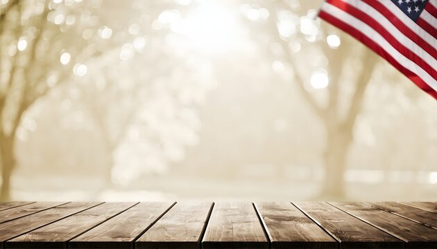 American flag on wood table near forest.