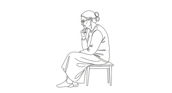 Elderly woman sitting on a chair in contemplation.