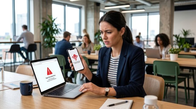 A stressed businesswoman holds a smartphone displaying an error message while working on a laptop. She appears concerned and frustrated.