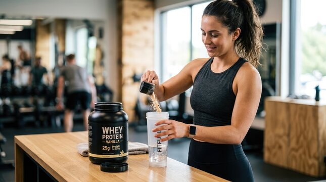 A young woman is pouring protein powder into a shaker cup at a gym. She is smiling and appears to be focused on her workout.