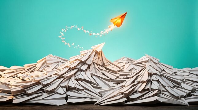 Orange paper plane flying above peak of mountain made of white paper planes on turquoise background representing success and breakthrough in business and innovation strategy concepts