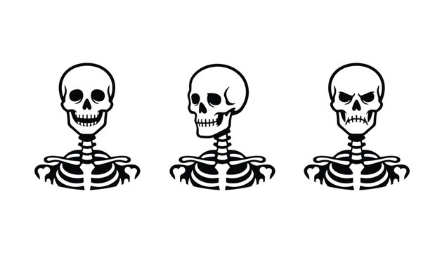 Set of three black and white human skeletons showing different head poses and facial expressions on a white background.