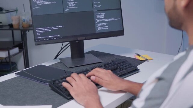 Software engineer wearing casual clothing typing on keyboard desktop computer information AI, management cybersecurity or coding software development. Programmer adult working artificial intelligence