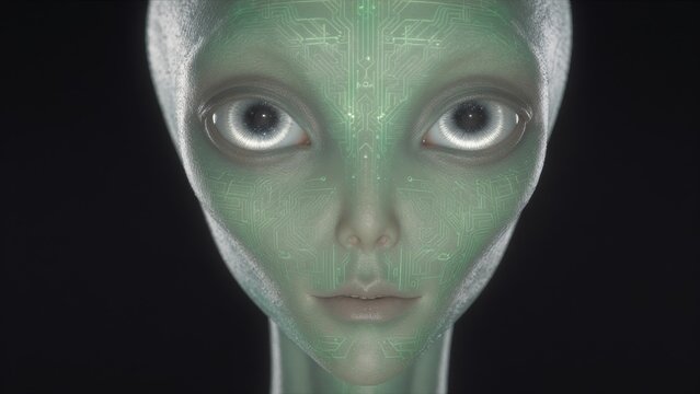Futuristic Alien Face with Digital Circuit Patterns and Large Eyes