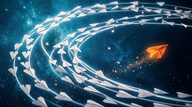 Orange paper plane flying through deep space nebula leading flock of white paper planes in spiral formation representing strategic leadership and creative business disruption