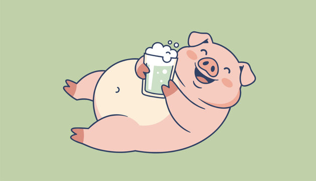 Funny cartoon pig character lying on its back and happily enjoying a cold glass of beer on a green background.