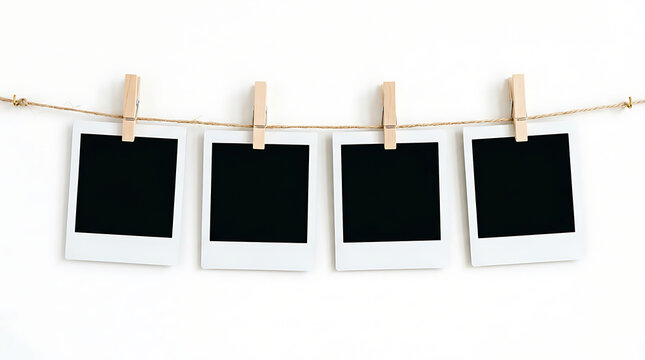 Four blank instant photo frames hanging on a rustic twine rope with wooden clothespins, isolated on white background