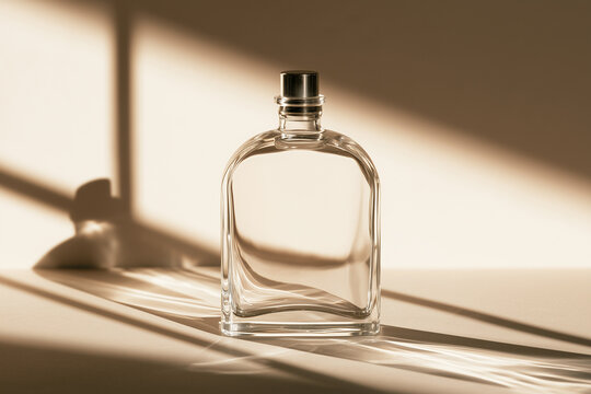 Plain unlabelled clear glass perfume bottle, minimal still life