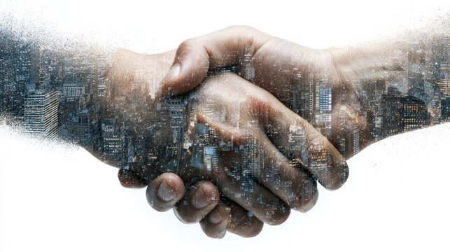 Two hands shaking over a city skyline symbolizing partnership and agreement