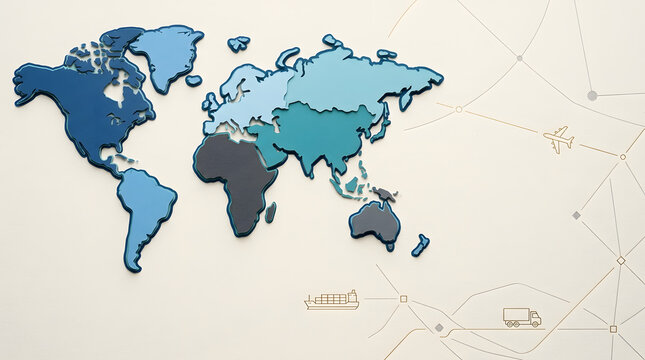 Abstract world map with logistics icons on beige background