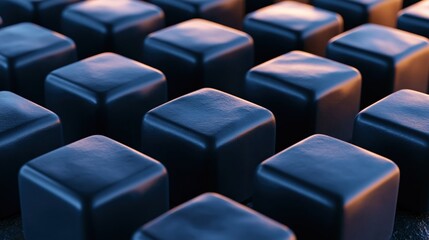 Obraz premium Diminutive dark cubes are arranged in a grid pattern, catching soft ambient light.