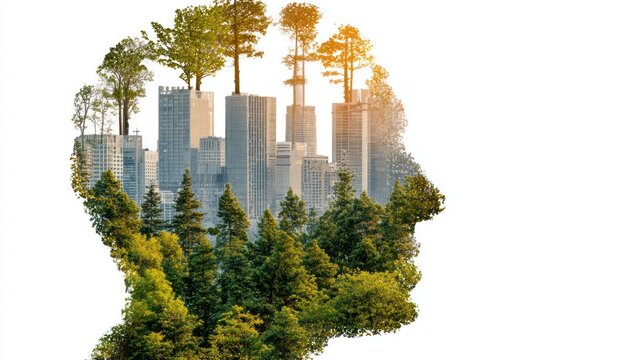 Conceptual silhouette of a head with city buildings and trees inside