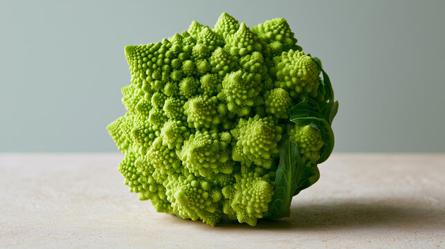Whole romanesco head showing its spiral green florets on stone