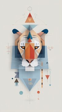 Geometric tiger head art, minimalist design with triangles, vibrant colors and lines