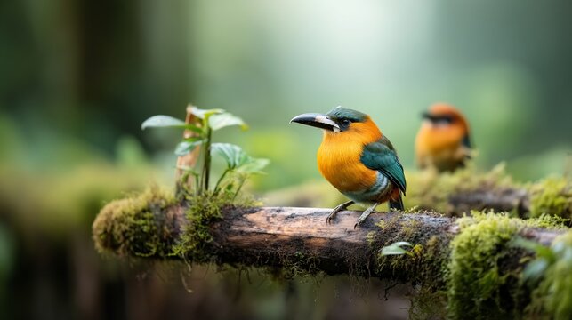 Two colorful birds with orange, green, and blue plumage perched on a mossy branch. One is in focus