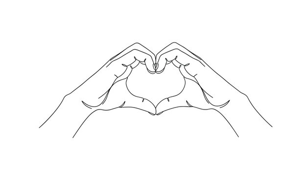 Continuous single line drawing of two hands forming a heart shape representing love connection and togetherness.