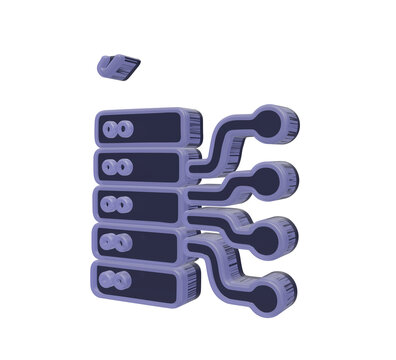 3d server rack with connected network cables, dark purple and light purple on a black background data