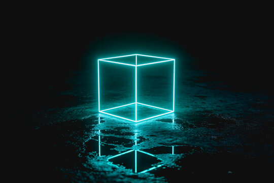 A glowing cyan neon wireframe cube casts a sharp reflection on a dark wet textured surface, creating a minimalist futuristic geometric scene.