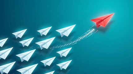 Single red paper airplane leading a group of white paper airplanes on a teal background symbolizing leadership innovation and standing out from the competition in business strategy