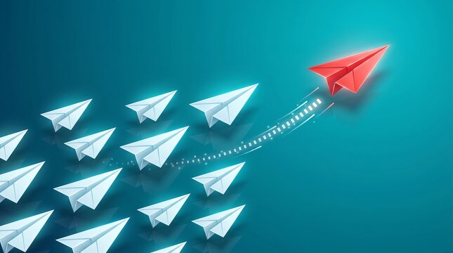 Single red paper airplane leading a group of white paper airplanes on a teal background symbolizing leadership innovation and standing out from the competition in business strategy