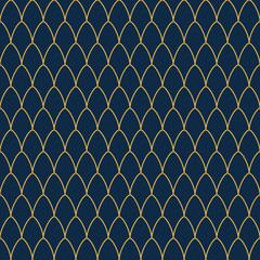 Art Deco seamless pattern with gold fish scale lines. Navy blue geometric background. Elegant luxury wallpaper vector. © Md Azraf Hussain If