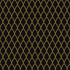 Art deco seamless pattern with gold scales on black background. Elegant geometric fish scale vector. Luxury metallic line texture. © Md Azraf Hussain If