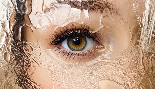 Beauty Macro of a Womans Eye Viewed Through Rippled Bronze tinted Water Glass