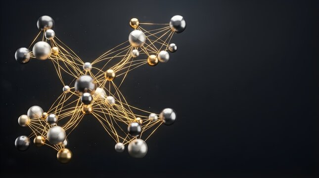 Gold and silver spheres connected by glowing lines on dark background