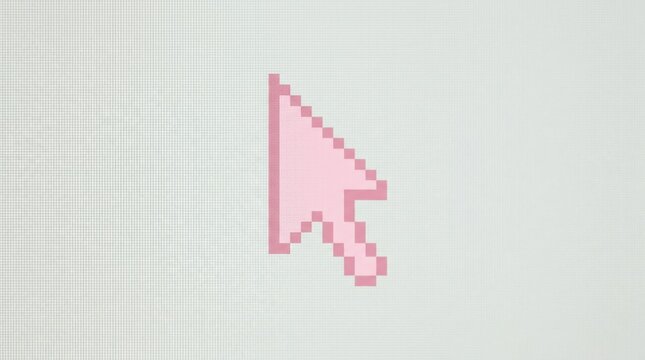 A cute light pink pixel art mouse cursor arrow icon displayed on a simple grid pattern design background for web