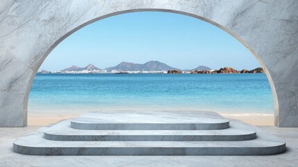 Fototapeta premium Arched structure frames scenic ocean view for product display