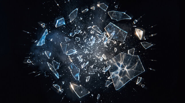 sharp shards of broken glass exploding violently through the air, hundreds of crystal fragments suspended in dynamic motion