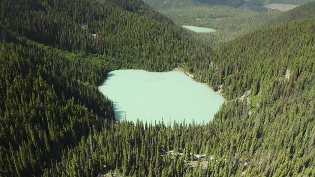 Aerial view of turquoise glacier lake in dense alpine forest at Joffre Lakes Provincial Park in British Columbia Canada.