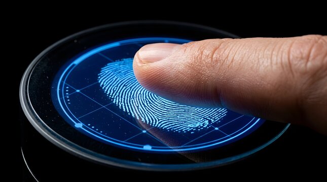 Human finger performing digital biometric fingerprint scan for security