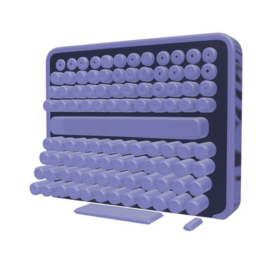 A3d render of a purple computer keyboard with rounded keys and a rectangular frame, isolated on white