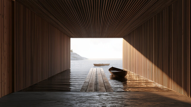 Wooden boathouse interior with a slipway opening to calm water