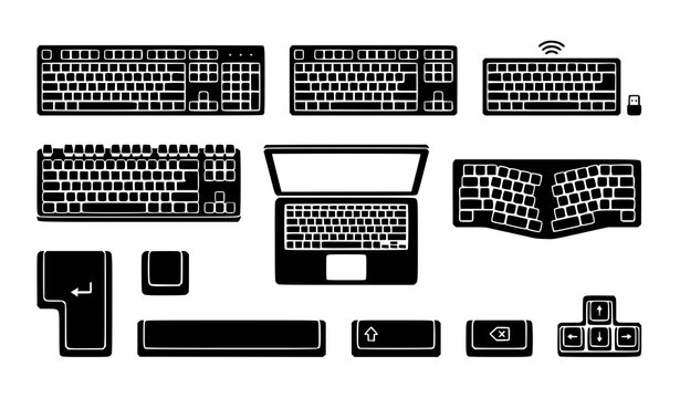 Computer Keyboard Silhouette Vector Set with English Layout Mechanical Laptop Wireless Ergonomic Keycap Enter Spacebar Shift and Arrow Keys
