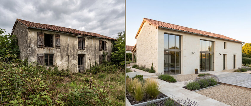 Avant et apr&egrave;s la r&eacute;novation moderne d'une grange ancienne en pierre