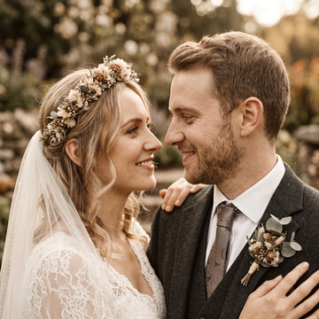 Portrait romantique d'un couple de jeunes mari&eacute;s en tenue champ&ecirc;tre dans un jardin