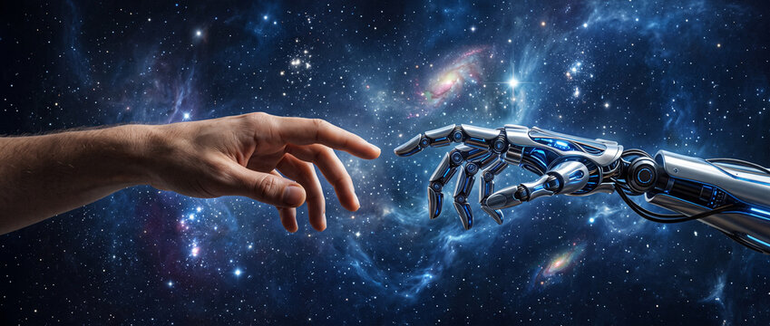 Main humaine touchant du bout des doigts une main robotique dans l'espace