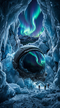 Casque d'astronaute abandonn&eacute; dans une grotte de glace sous une aurore bor&eacute;ale