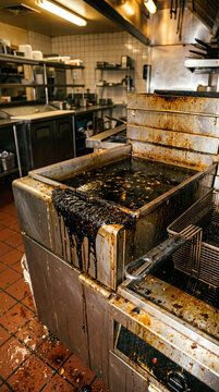 Friteuse industrielle de restaurant extr&ecirc;mement sale et couverte de graisse