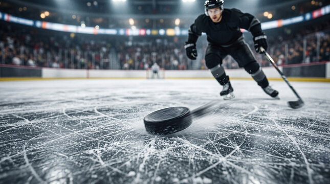 Joueur de hockey sur glace professionnel en plein match sur la patinoire