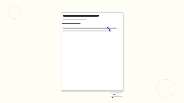 Ai doc drafting assistant animation. Smart pen writing paragraph lines across document page with rising word counter for automated writing and copywriting concept. Seamless loop motion graphic in 4k
