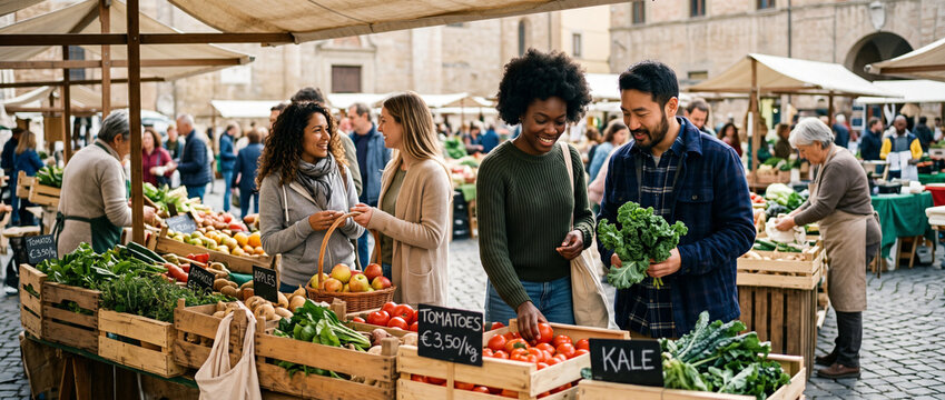 Gens faisant leurs courses de fruits et l&eacute;gumes frais sur un march&eacute; local en plein air