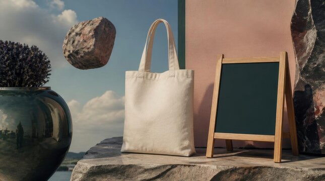 A textured canvas tote bag and an empty chalkboard stand beside a hovering stone.
