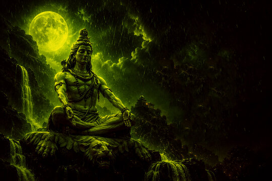 Mystical Lord Shiva meditating in a dark Himalayan landscape under a glowing full moon, surrounded by waterfalls, mountains, rain, and dramatic green divine light.